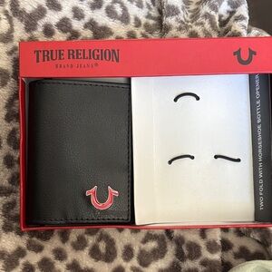 True Religion Black Leather Bifold Wallet with Red Horseshoe Accent